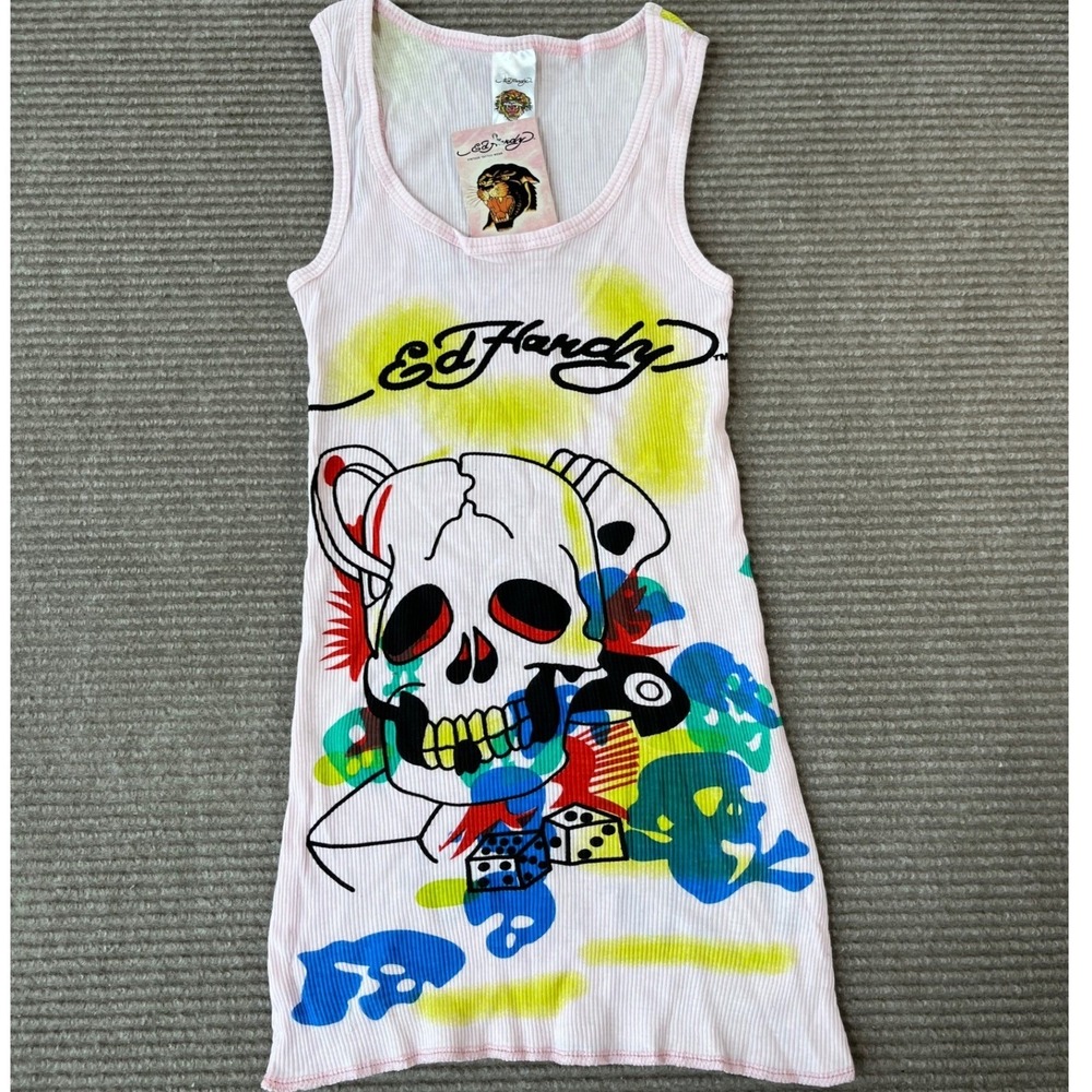 Ed Hardy Vintage Tattoo Skull Graphic Ribbed Tank Top Pink Small NWT